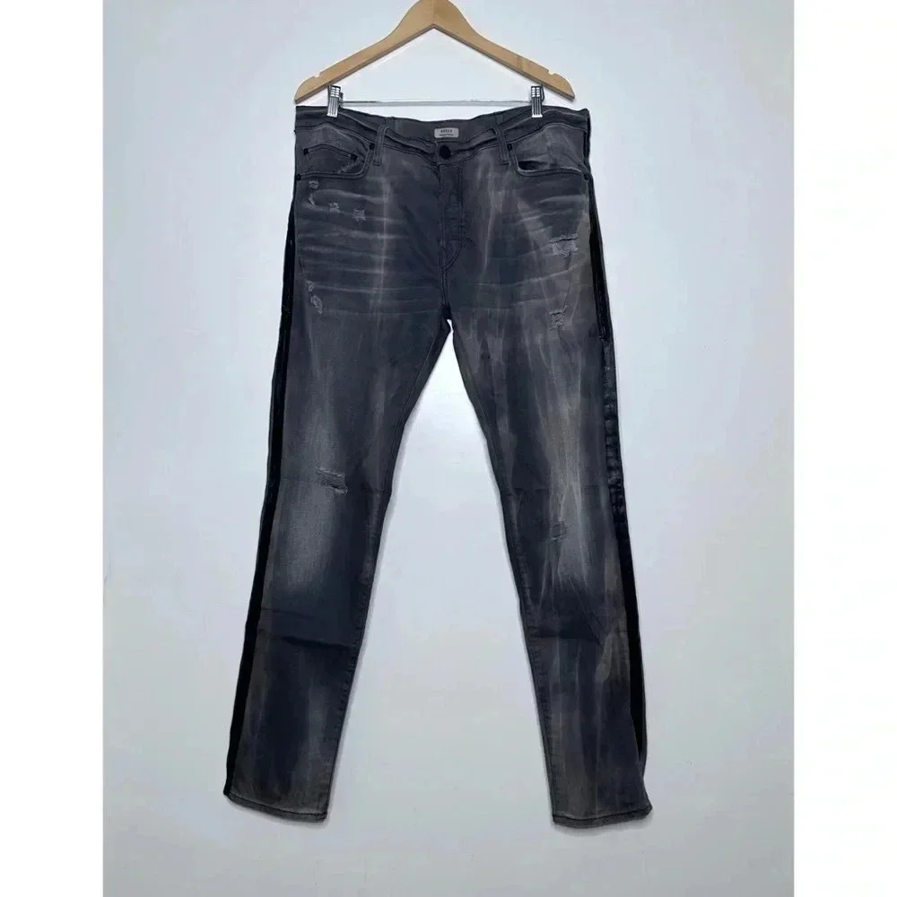 True Religion Mens Gray Rocco Relaxed Skinny Light Distressed Side Stripe Jeans